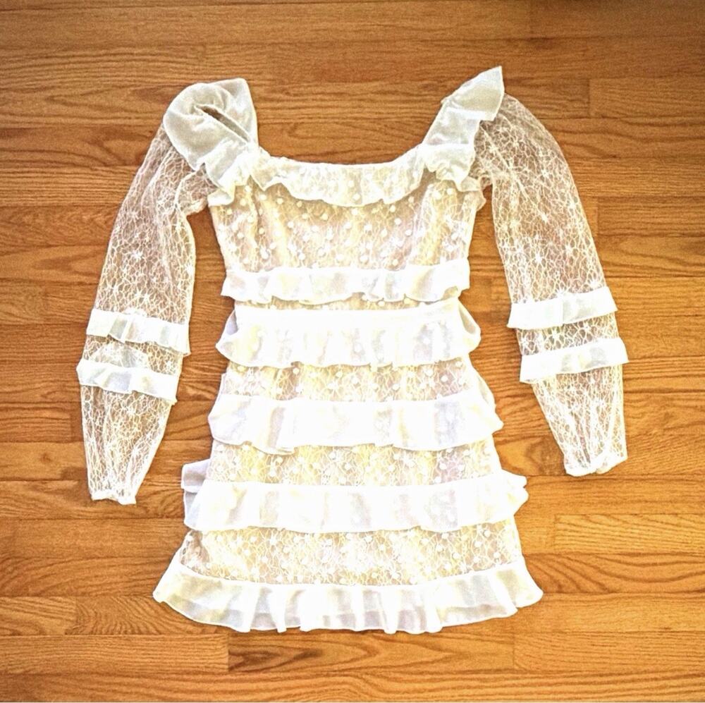 Forever 21 XS White Lace Polka Dot Sheer Ruffle Fit & Flare Mini Dress